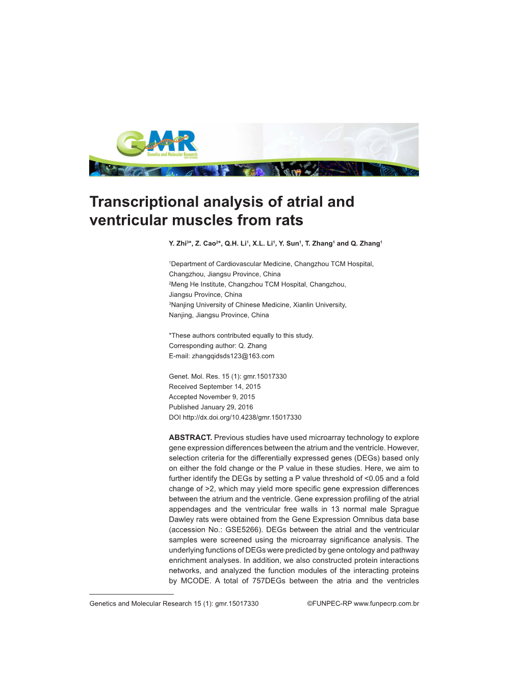 Transcriptional Analysis of Atrial and Ventricular Muscles from Rats