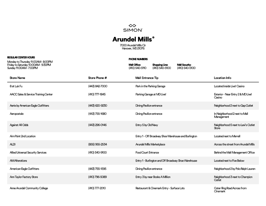 Complete List of Stores Located at Arundel Mills®