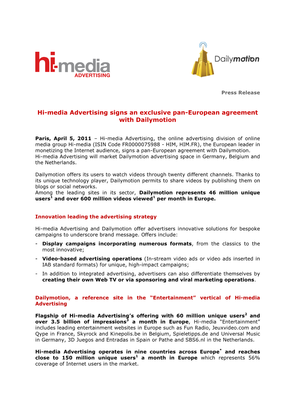 Hi-Media Advertising Signs an Exclusive Pan-European Agreement with Dailymotion
