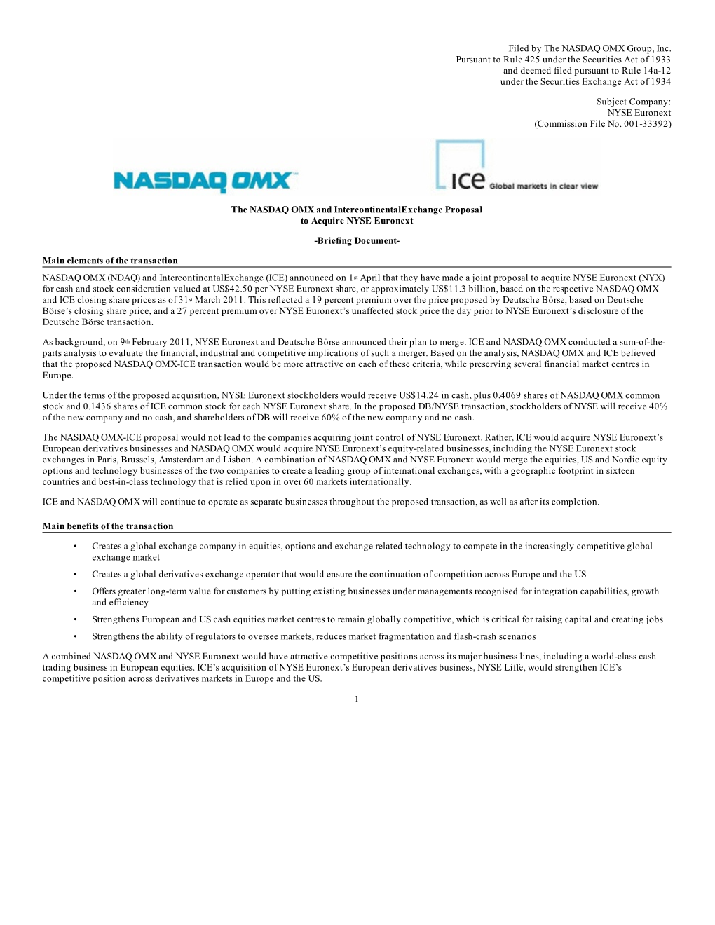 Filed by the NASDAQ OMX Group, Inc. Pursuant to Rule 425 Under