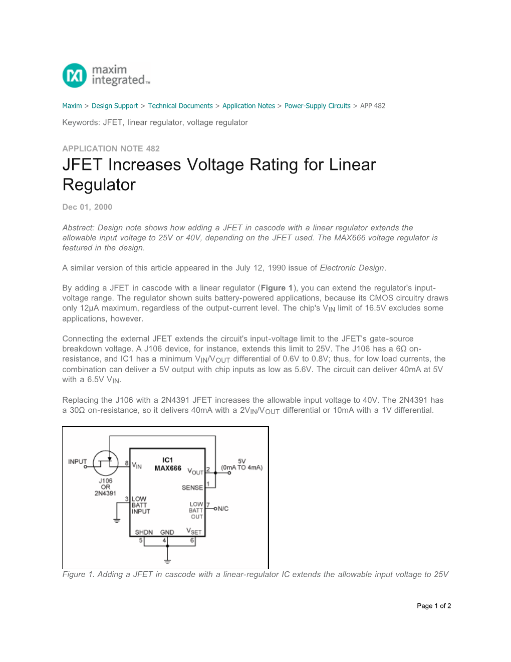 JFET Increases Voltage Rating for Linear Regulator