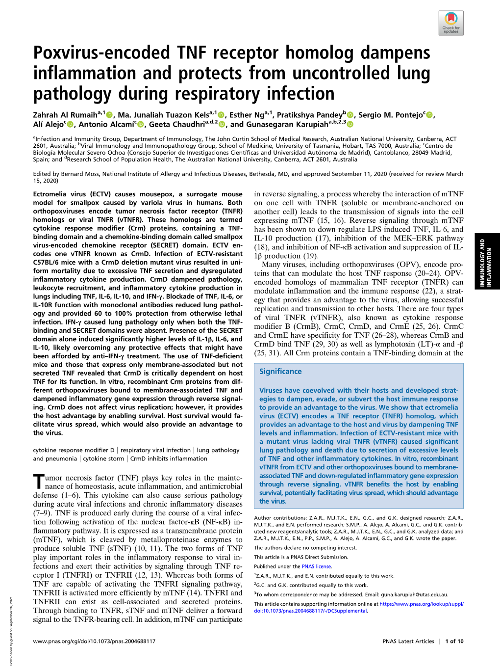 Poxvirus-Encoded TNF Receptor Homolog Dampens Inflammation and Protects from Uncontrolled Lung Pathology During Respiratory Infection