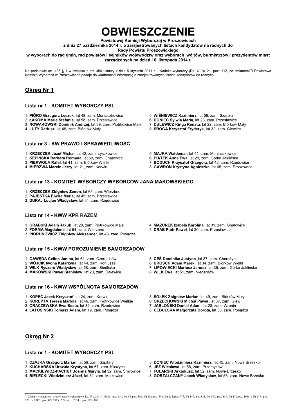 OBWIESZCZENIE Powiatowej Komisji Wyborczej W Proszowicach Z Dnia 27 Października 2014 R. O Zarejestrowanych Listach Kandydatów