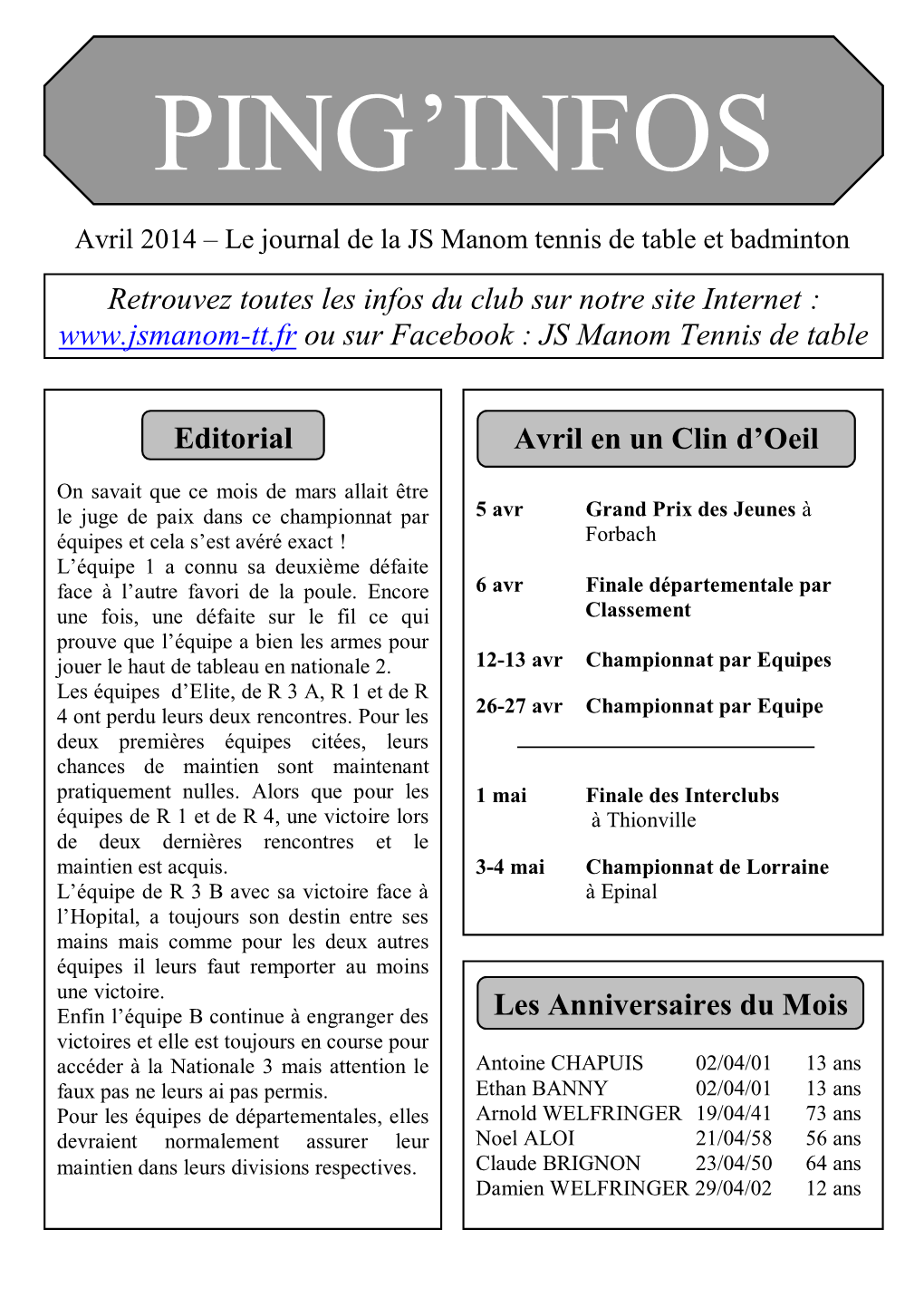 Avril 2014 – Le Journal De La JS Manom Tennis De Table Et Badminton