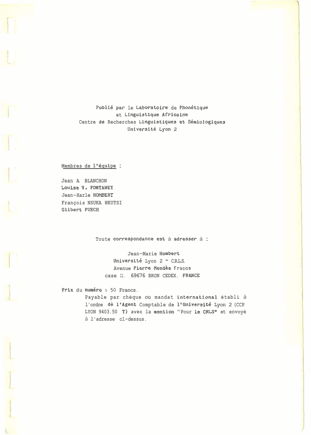 Publié P a ~ Et Llngulrtique Afrlcslne Centre De Recherches Llngulstiques Et Sénlologlques Unlverslté Lyon 2 Membres De L'éq