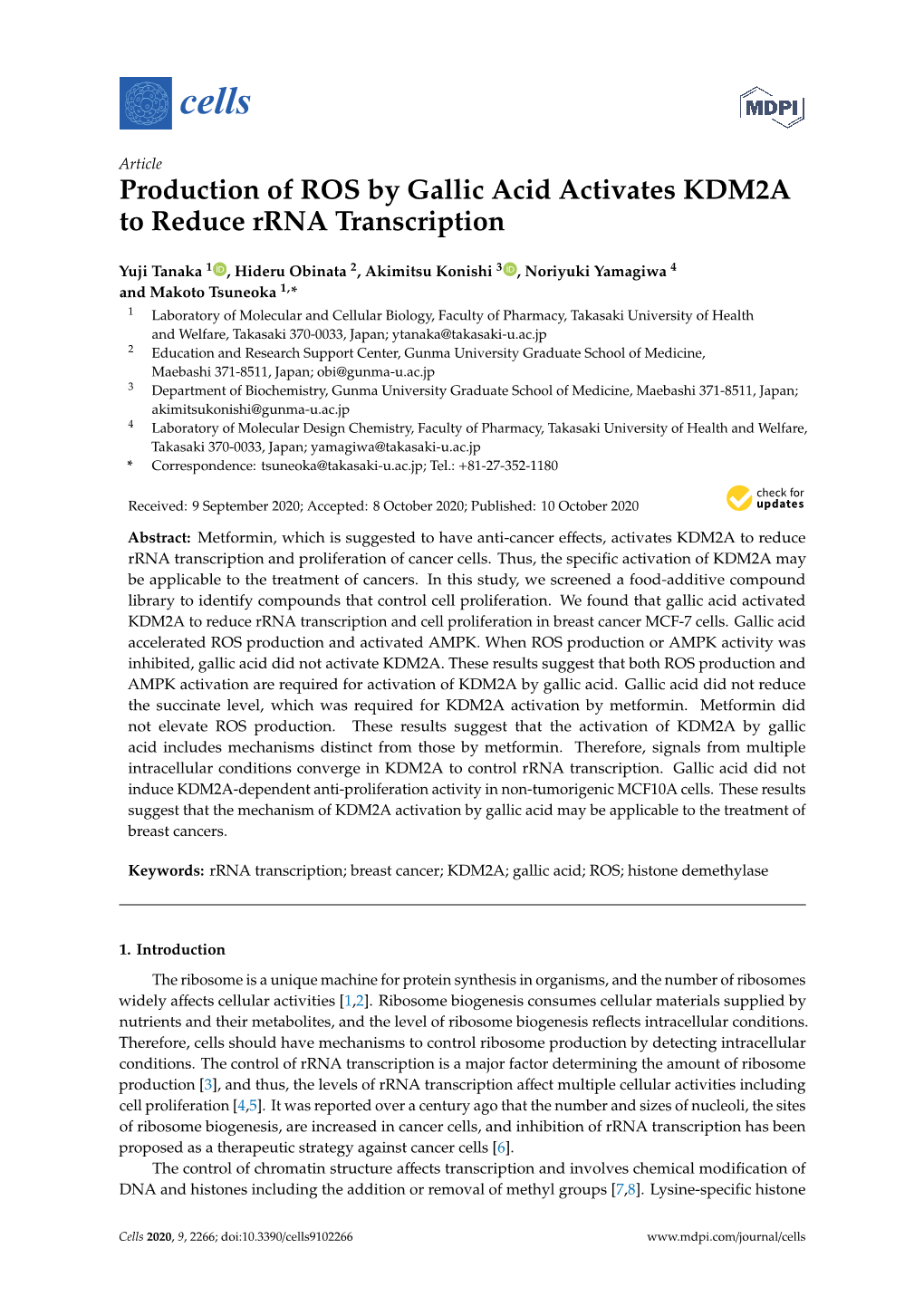 Production of ROS by Gallic Acid Activates KDM2A to Reduce Rrna Transcription