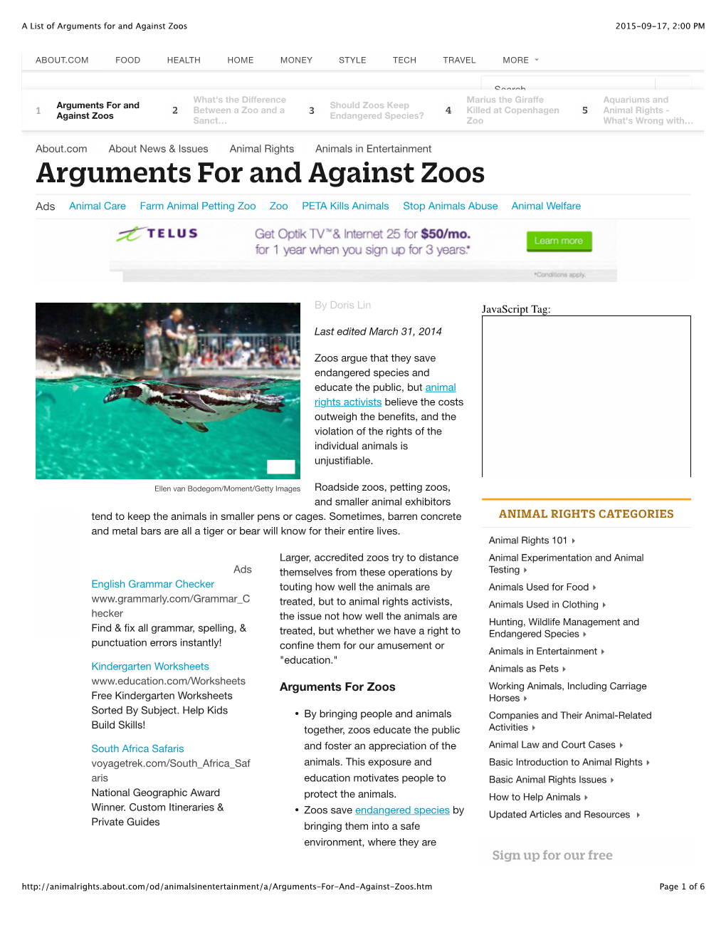 A List of Arguments for and Against Zoos 2015-09-17, 2:00 PM