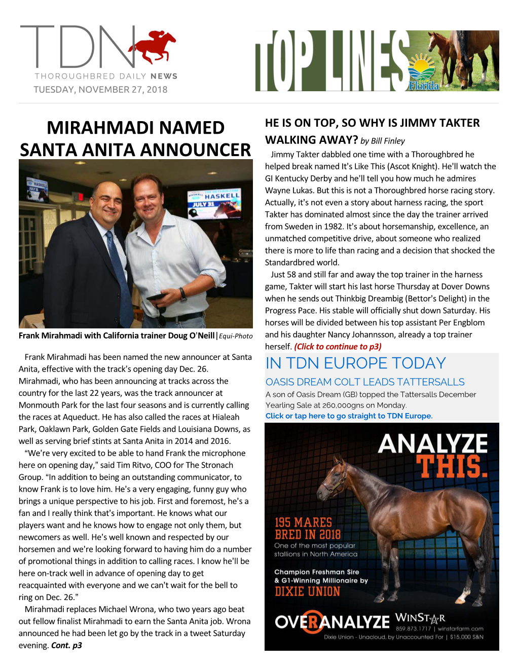 Mirahmadi Named Santa Anita Announcer He Is on Top, So Why Is Jimmy Takter (Cont