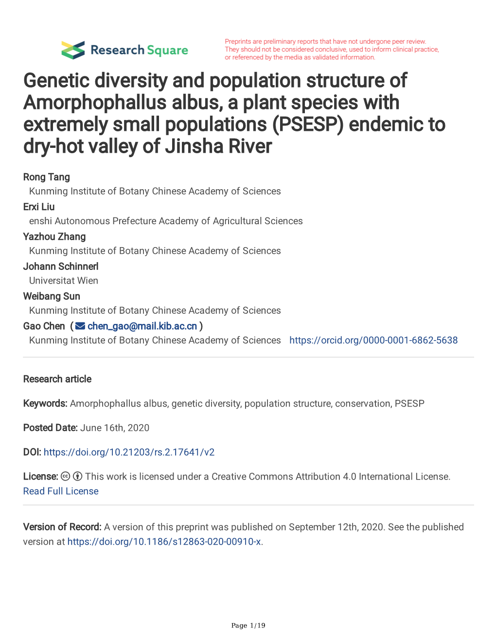 Genetic Diversity and Population Structure of Amorphophallus Albus, a Plant Species with Extremely Small Populations (PSESP) Endemic to Dry-Hot Valley of Jinsha River