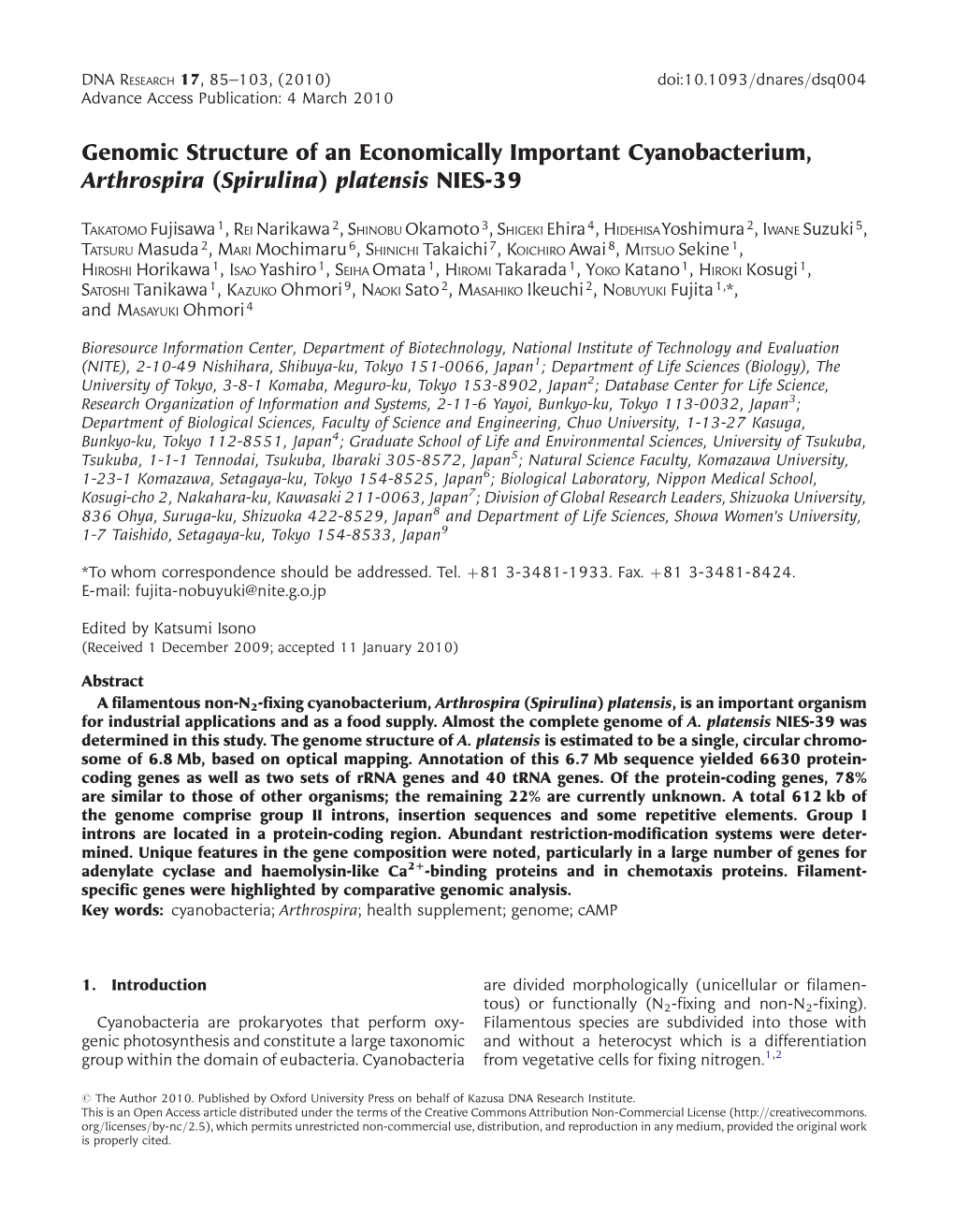 Genomic Structure of an Economically Important Cyanobacterium, Arthrospira (Spirulina) Platensis NIES-39