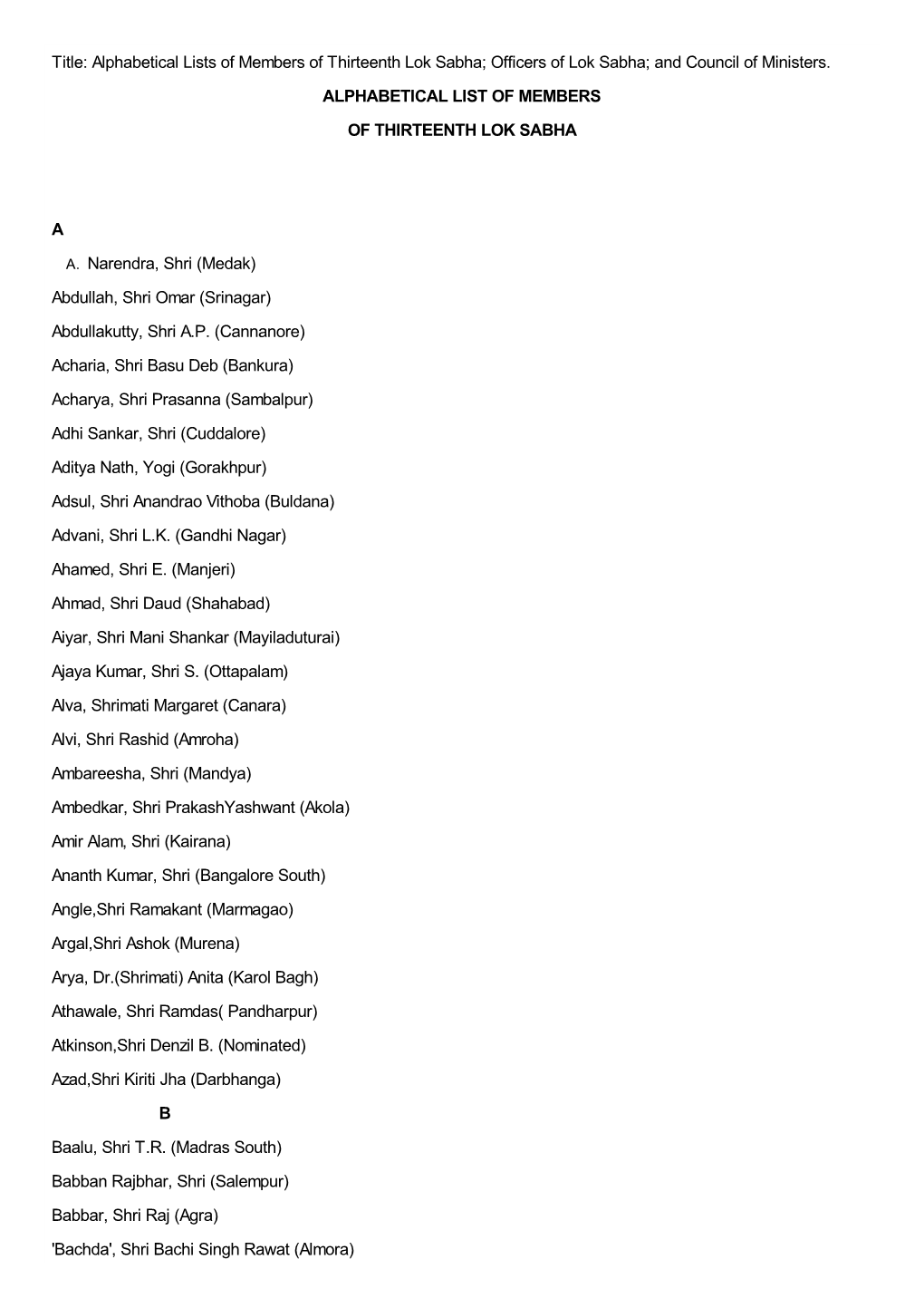 Title: Alphabetical Lists of Members of Thirteenth Lok Sabha; Officers of Lok Sabha; and Council of Ministers. ALPHABETICAL LIST of MEMBERS of THIRTEENTH LOK SABHA