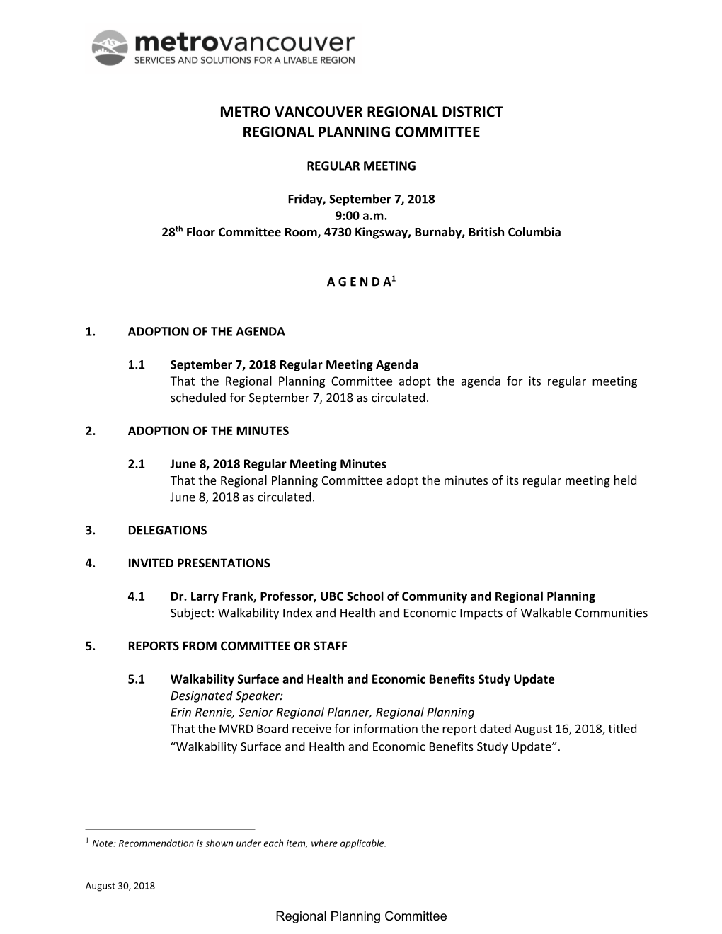 Regional Planning Committee Agenda September 7, 2018