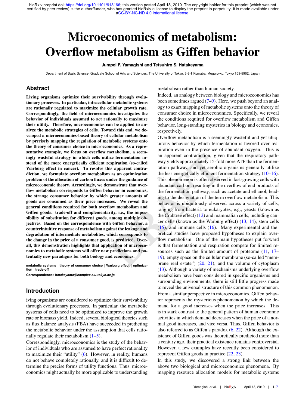 Microeconomics of Metabolism: Overﬂow Metabolism As Giffen Behavior Jumpei F