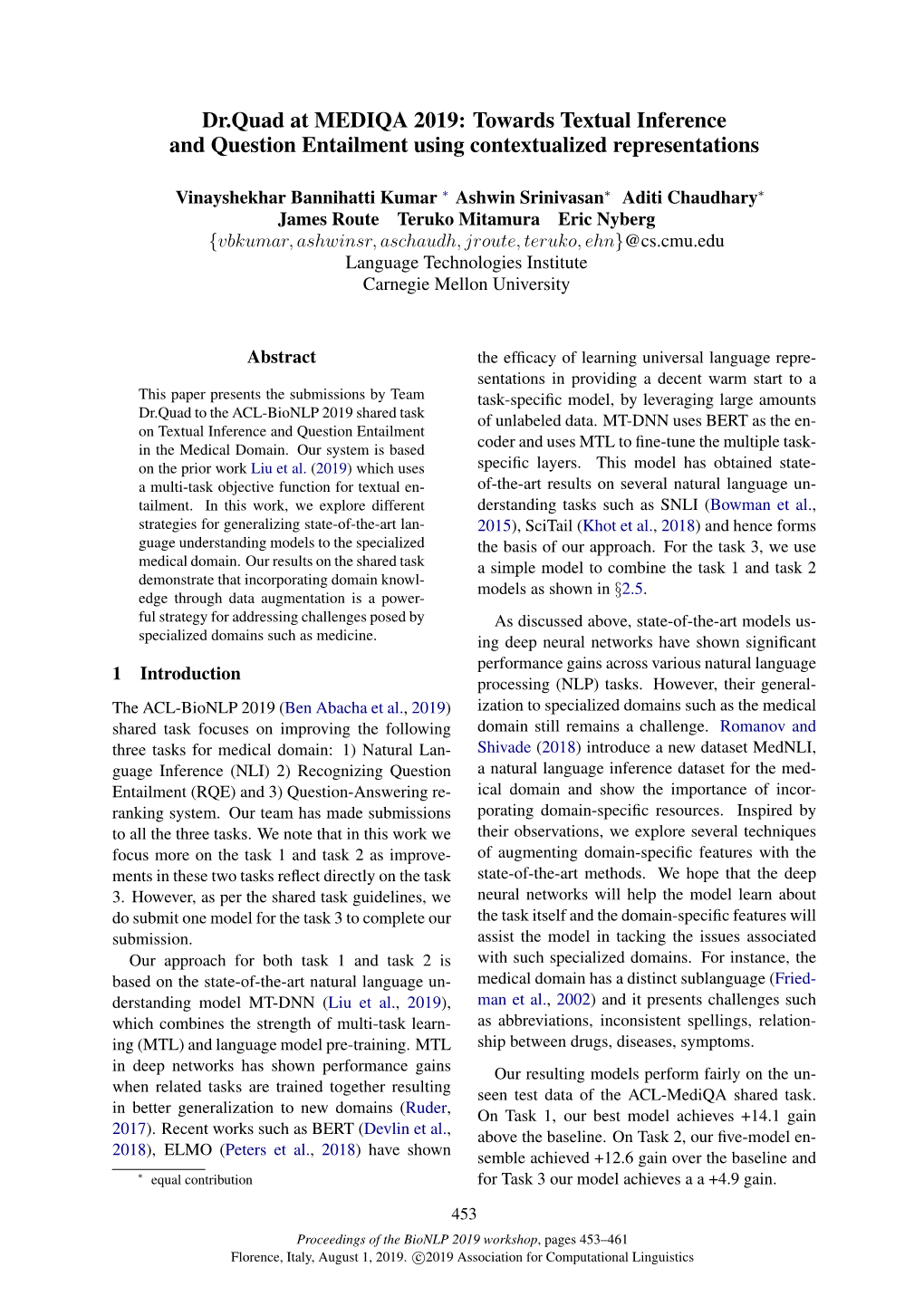 Towards Textual Inference and Question Entailment Using Contextualized Representations