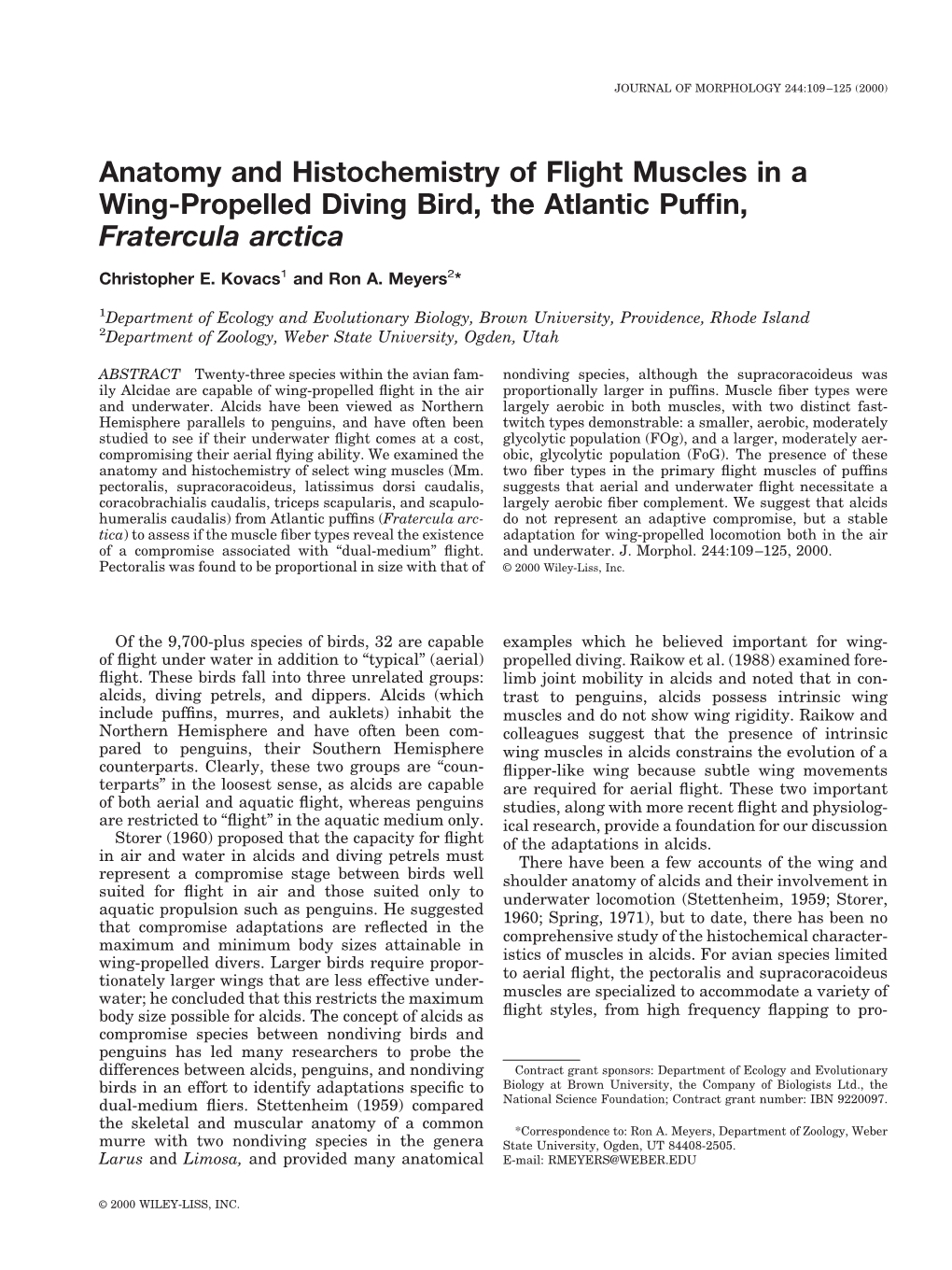 Anatomy and Histochemistry of Flight Muscles in a Wing-Propelled Diving Bird, the Atlantic Pufﬁn, Fratercula Arctica