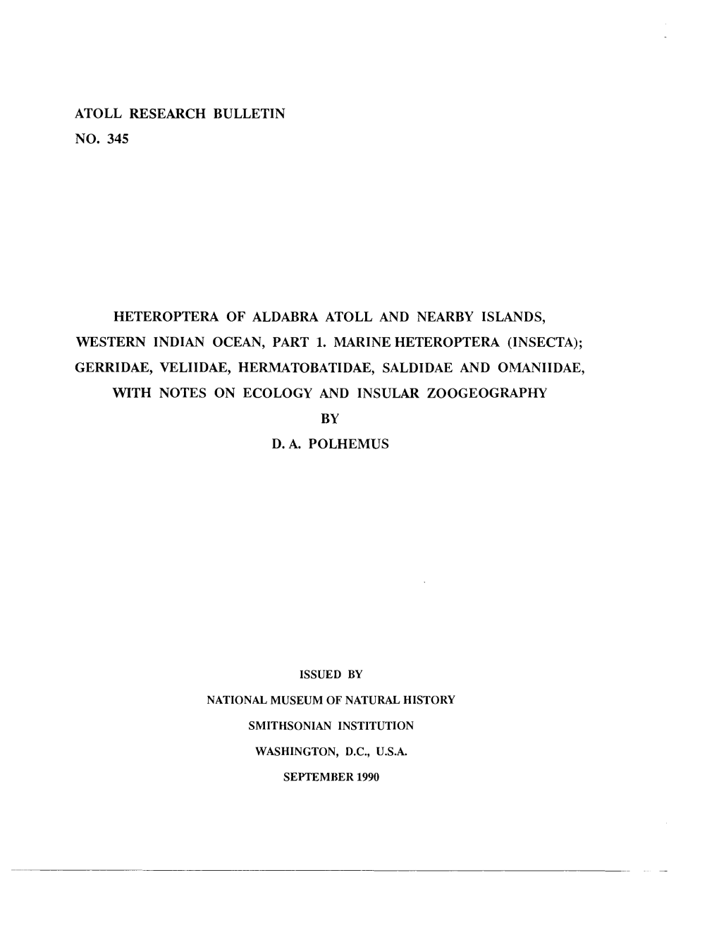 Atoll Research Bulletin No. 345 Heteroptera of Aldabra