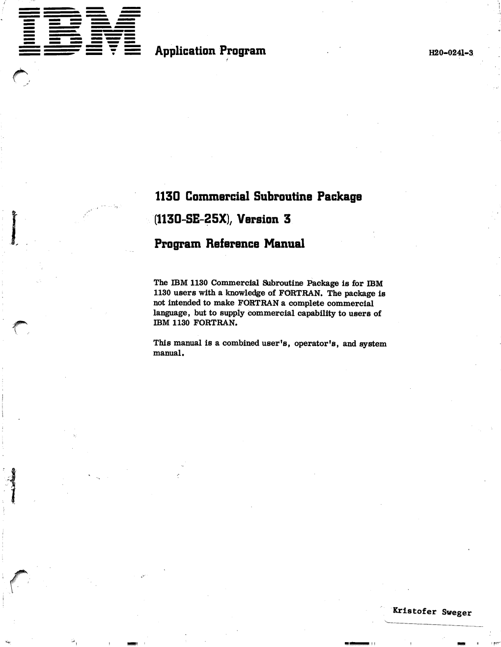 Application Program 1130 Commercial Subroutine