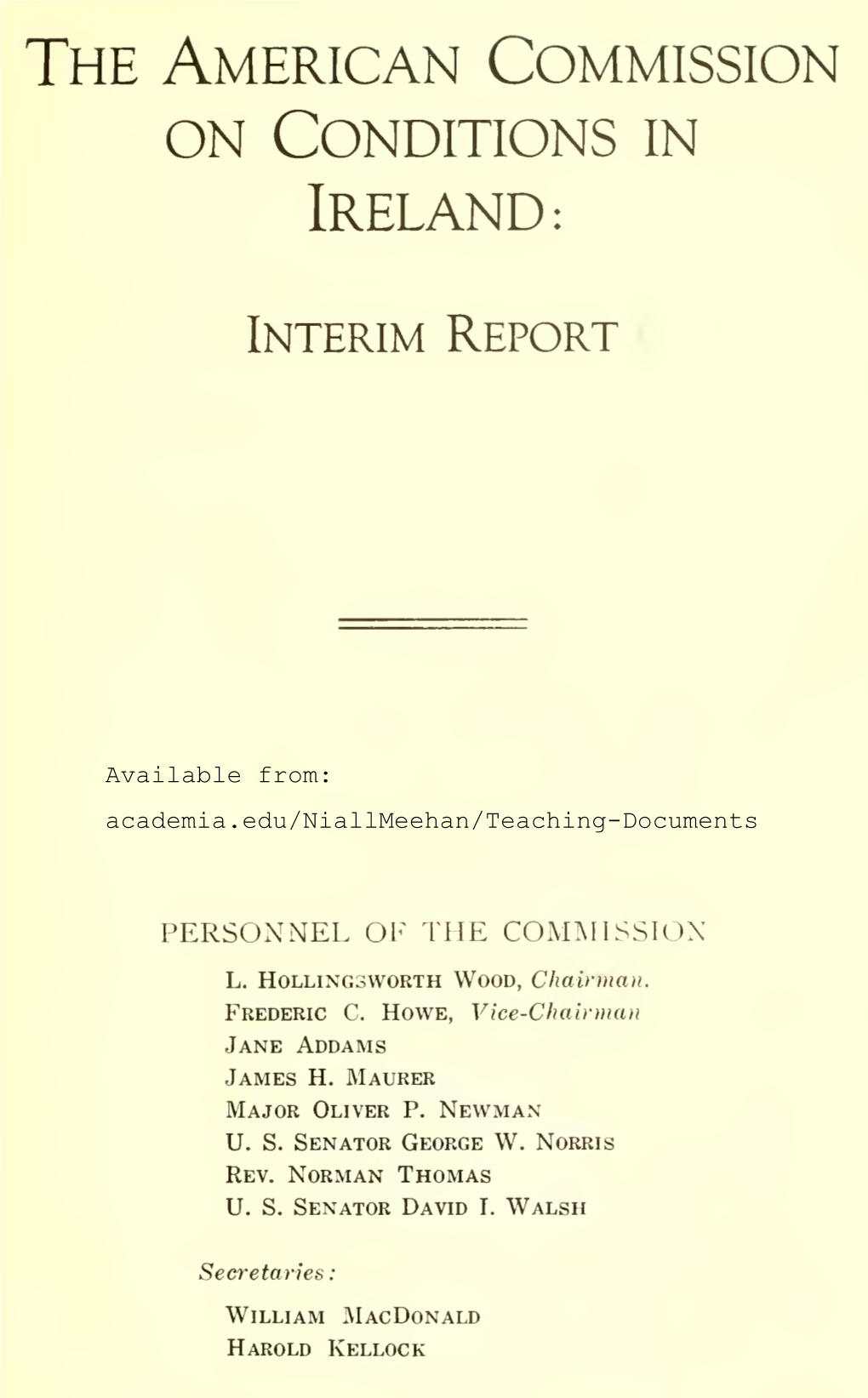 The American Commission on Conditions in Ireland, Interim Report