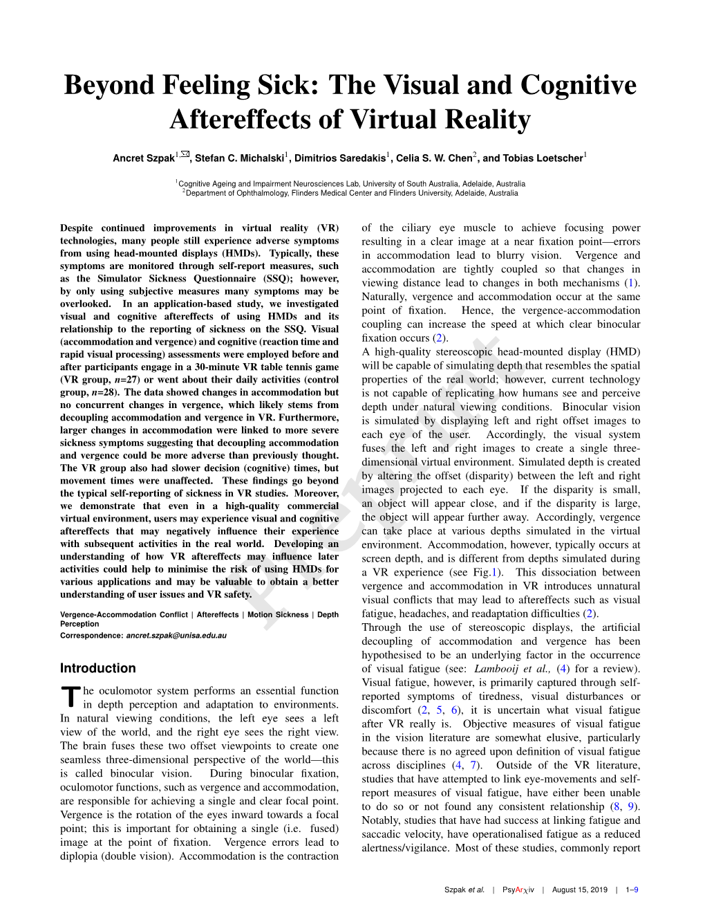 Beyond Feeling Sick: the Visual and Cognitive Aftereffects of Virtual Reality