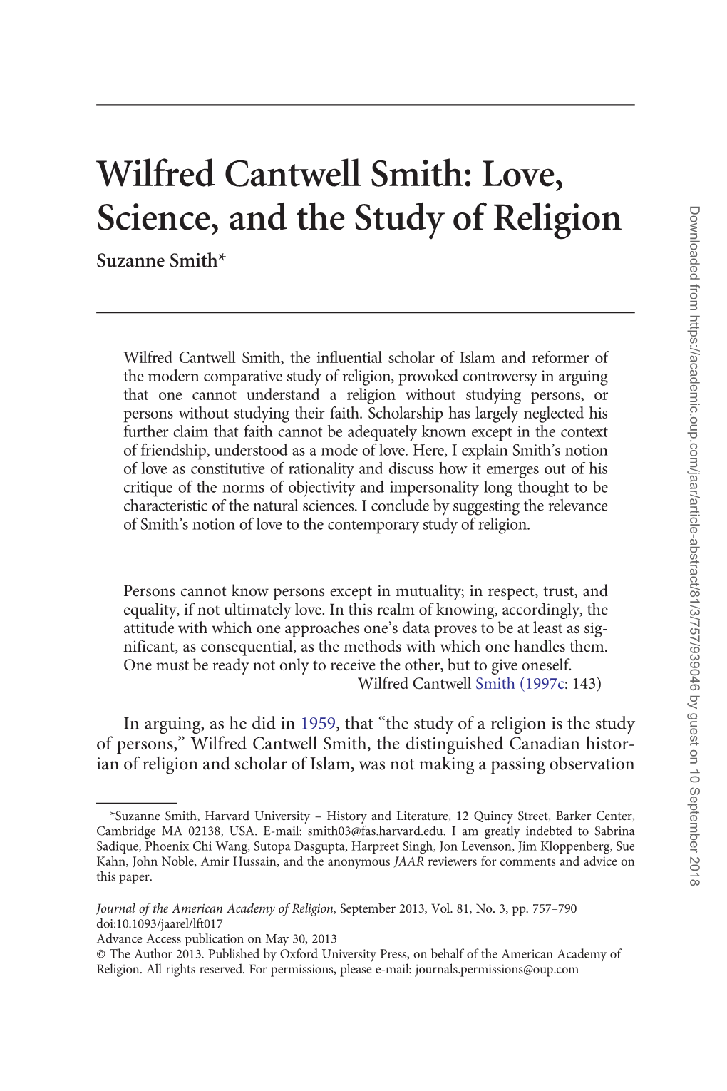 Wilfred Cantwell Smith: Love, Science, and the Study of Religion