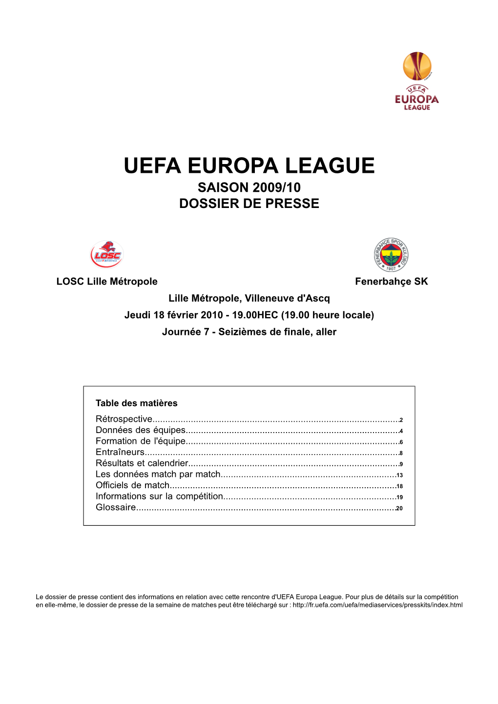 Uefa Europa League Saison 2009/10 Dossier De Presse