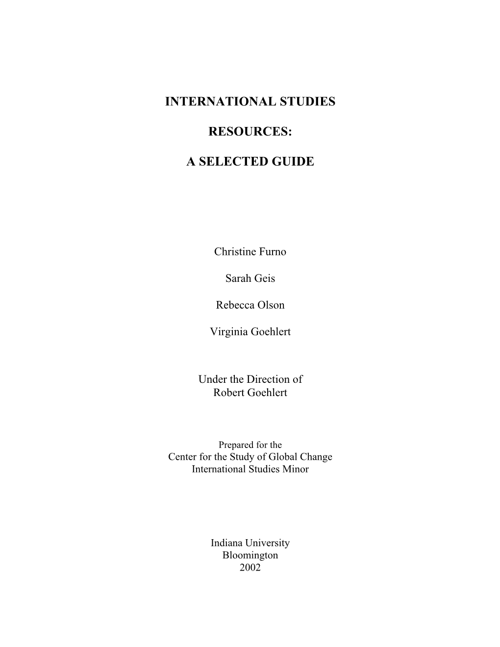 International Studies Resources: a Selected Guide