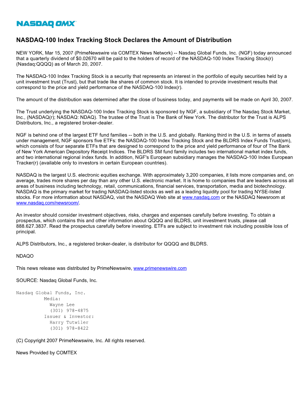 NASDAQ-100 Index Tracking Stock Declares the Amount of Distribution