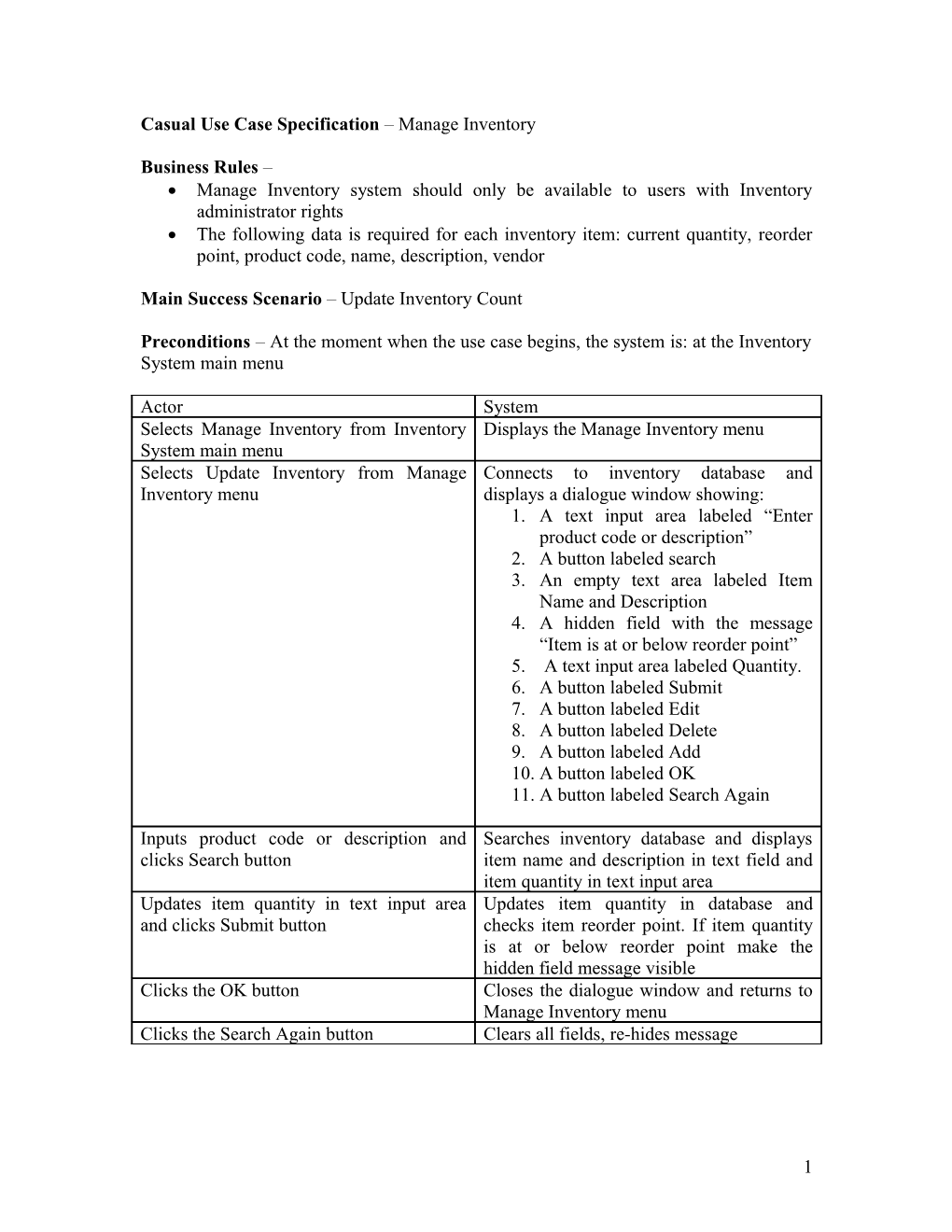 Casualuse Case Specification Manage Inventory