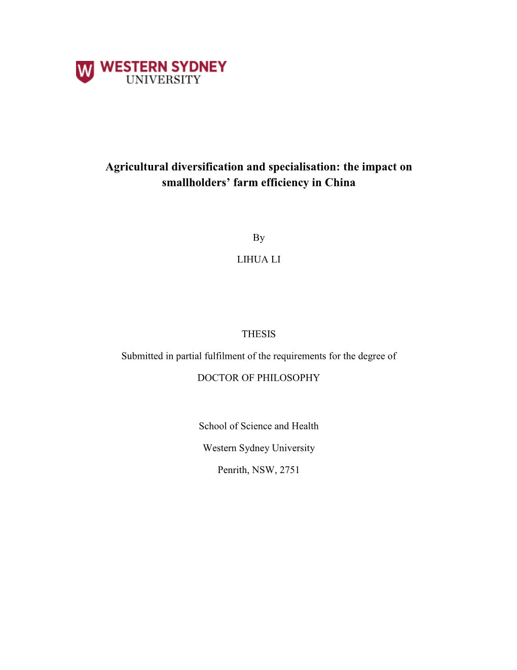 Agricultural Diversification and Specialisation: the Impact on Smallholders’ Farm Efficiency in China