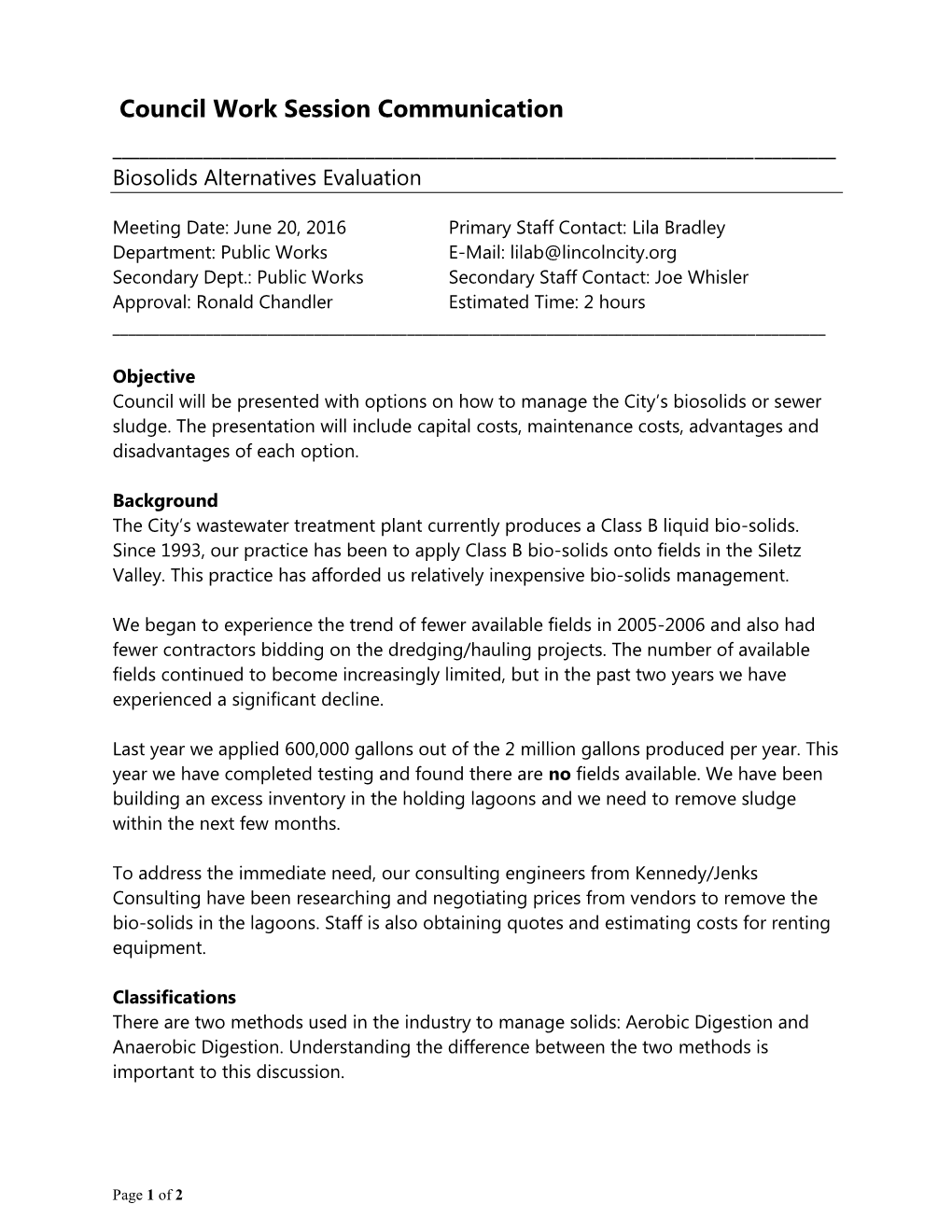 Council Work Session Communication ______Biosolids Alternatives Evaluation