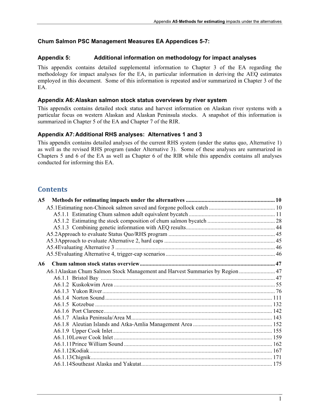 Contents A5 Methods for Estimating Impacts Under the Alternatives