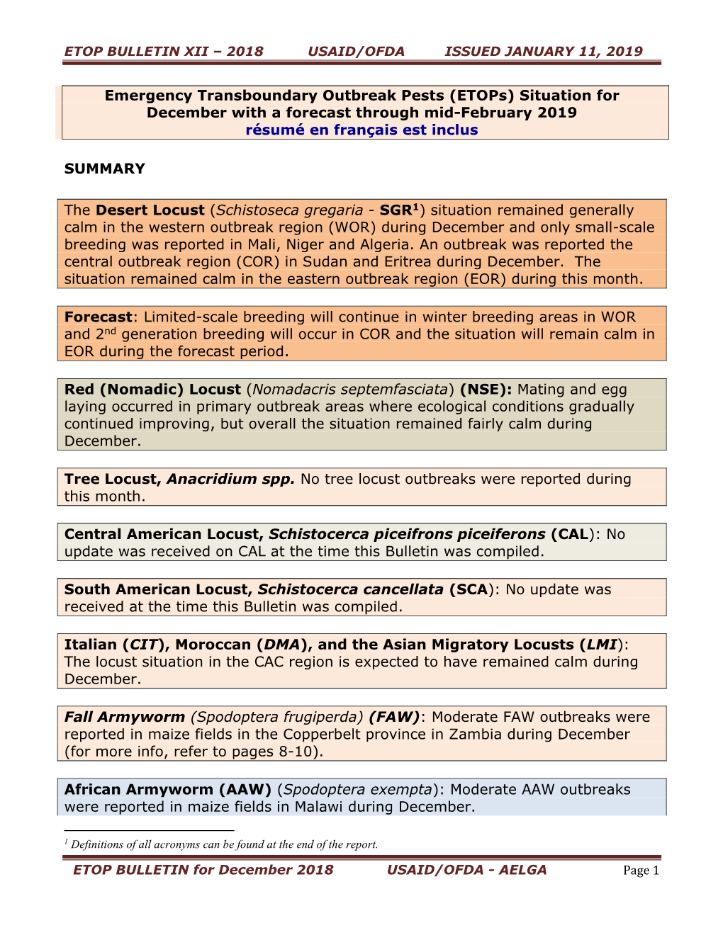 Etop Bulletin Xii – 2018 Usaid/Ofda Issued January 11, 2019