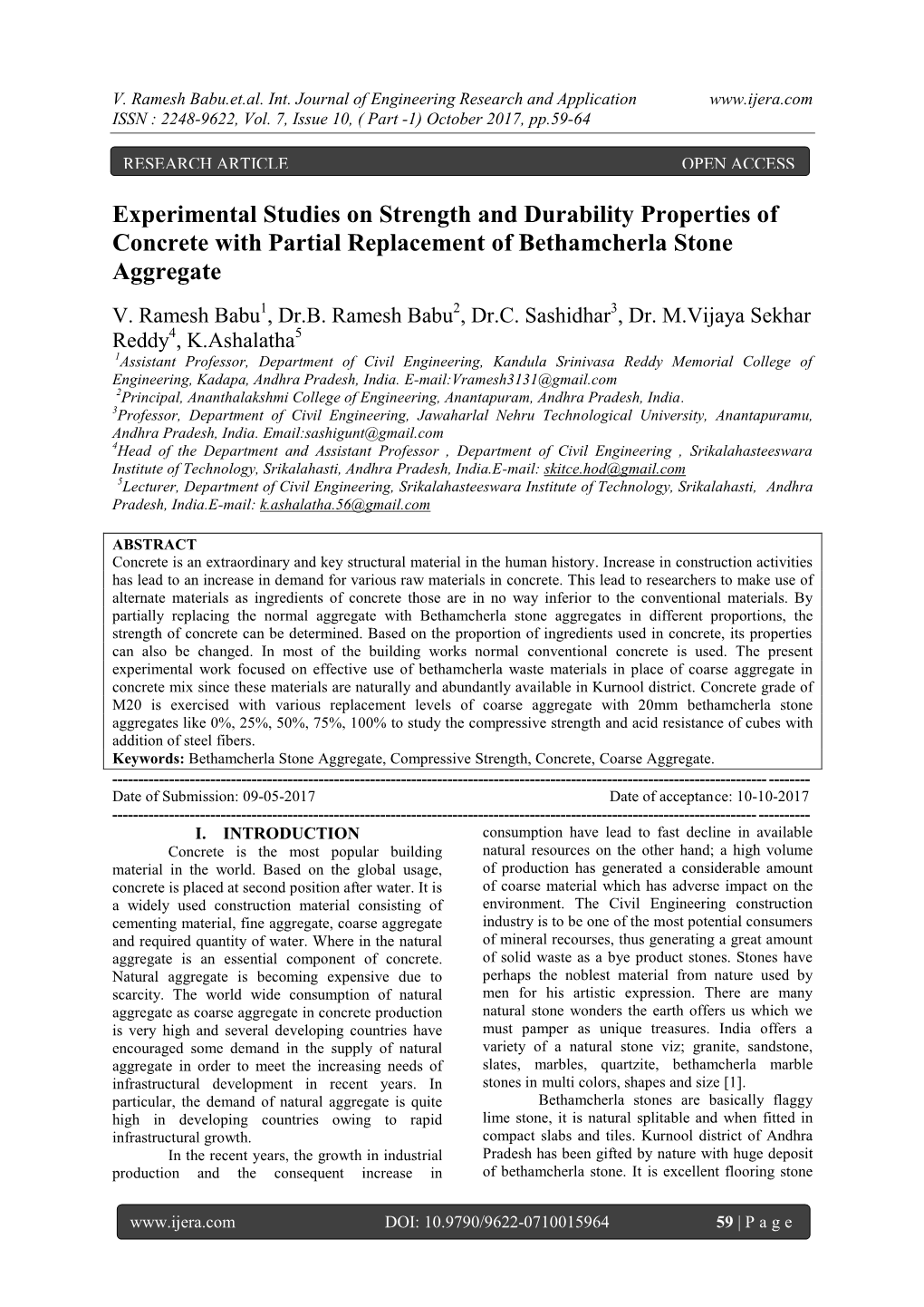 Experimental Studies on Strength and Durability Properties of Concrete with Partial Replacement of Bethamcherla Stone Aggregate