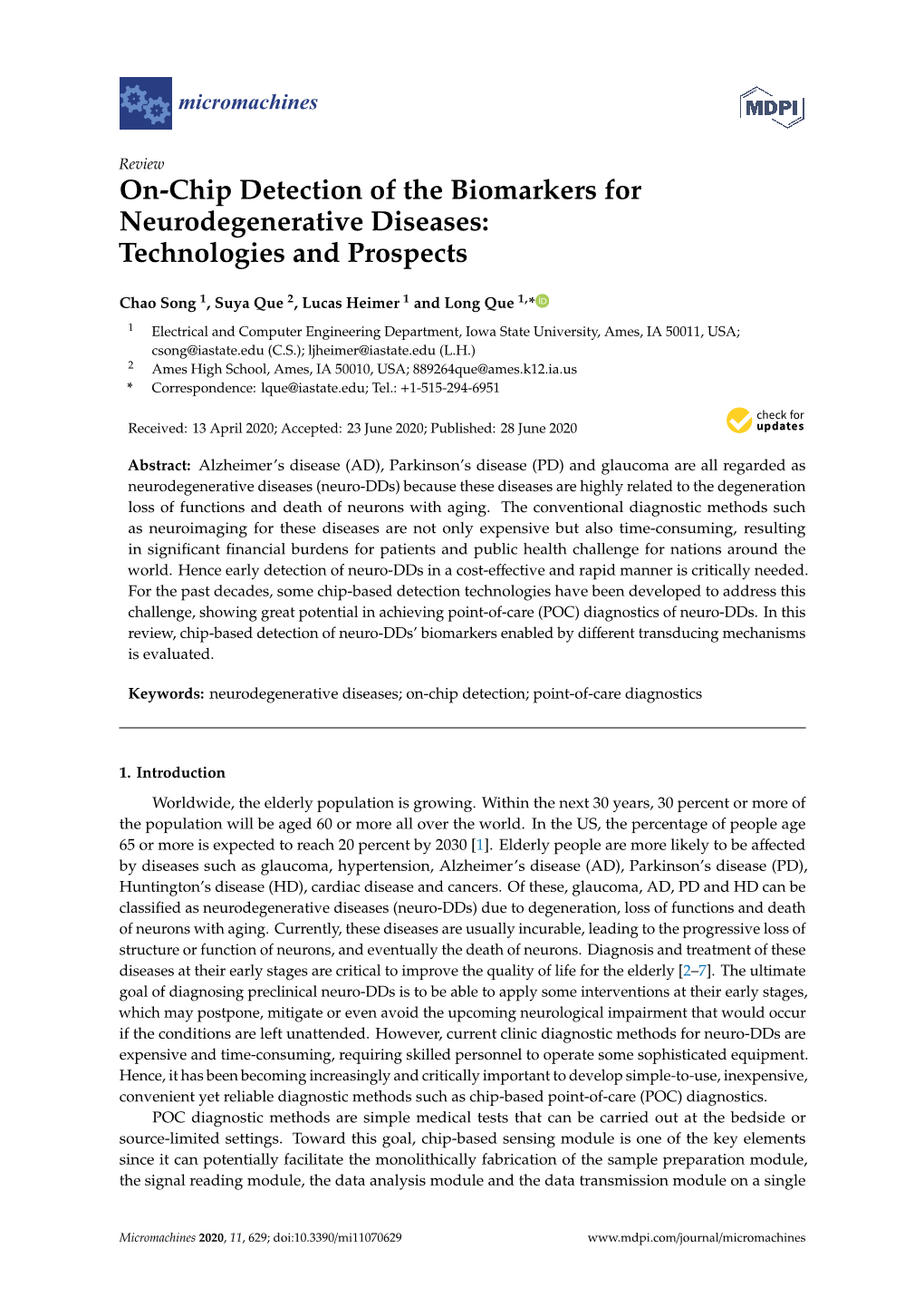 On-Chip Detection of the Biomarkers for Neurodegenerative Diseases: Technologies and Prospects