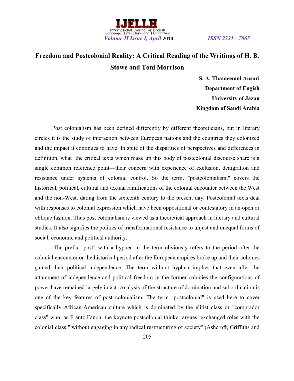 Freedom and Postcolonial Reality: a Critical Reading of the Writings of H