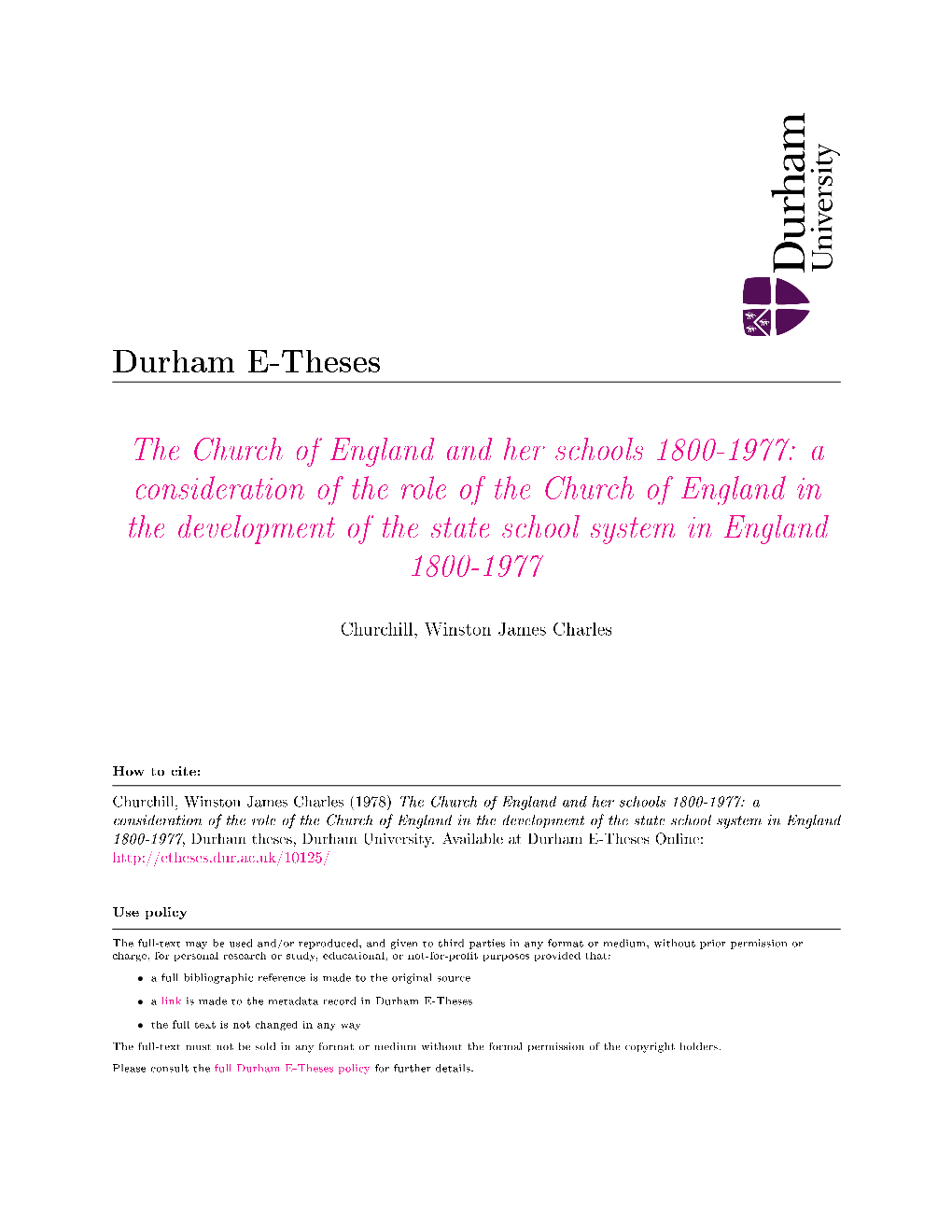 The Church of England and Her Schools 1800-1977