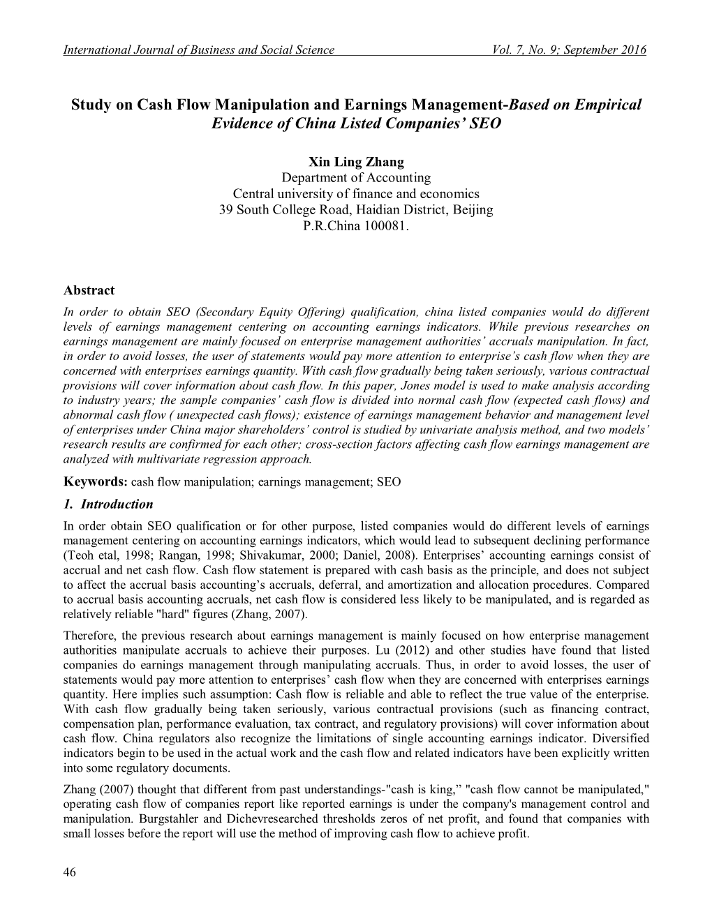 Study on Cash Flow Manipulation and Earnings Management-Based on Empirical Evidence of China Listed Companies’ SEO