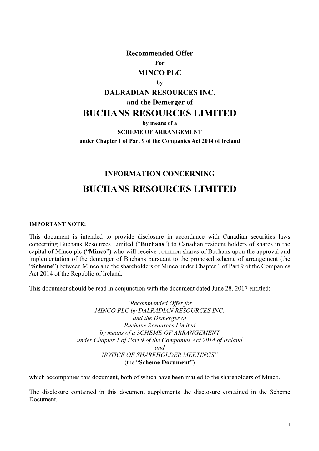 Information Concerning Buchans Resources Limited