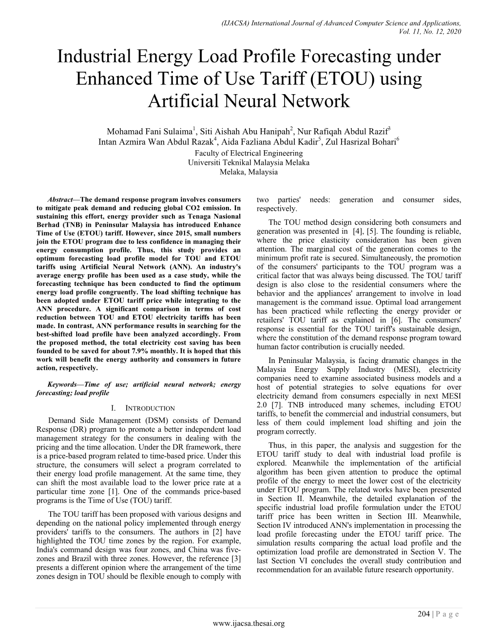 Industrial Energy Load Profile Forecasting Under Enhanced Time of Use Tariff (ETOU) Using Artificial Neural Network
