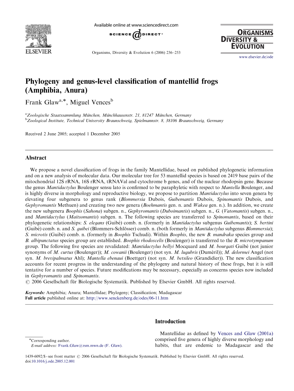 Phylogeny and Genus-Level Classification of Mantellid Frogs