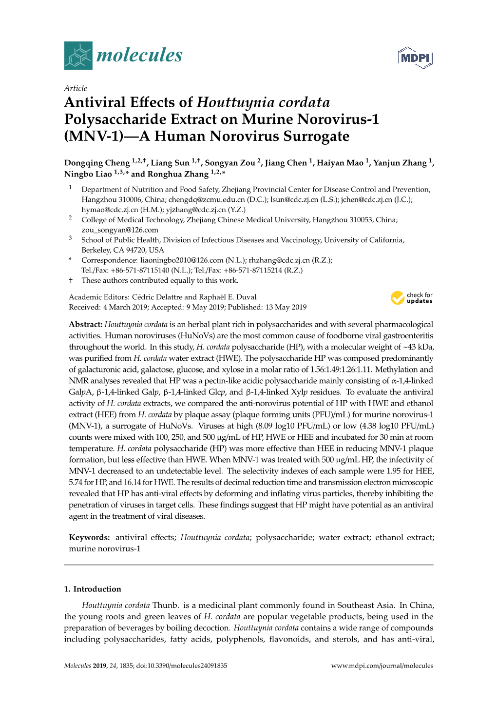 Antiviral Effects of Houttuynia Cordata Polysaccharide Extract on Murine Norovirus-1