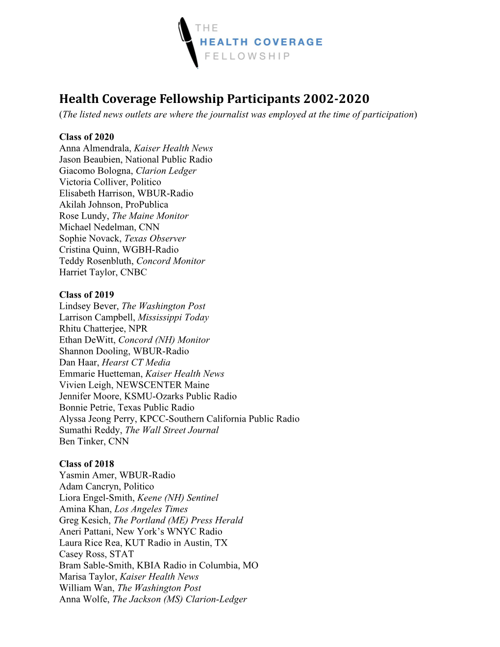 Health Coverage Fellowship Participants 2002-2020 (The Listed News Outlets Are Where the Journalist Was Employed at the Time of Participation)