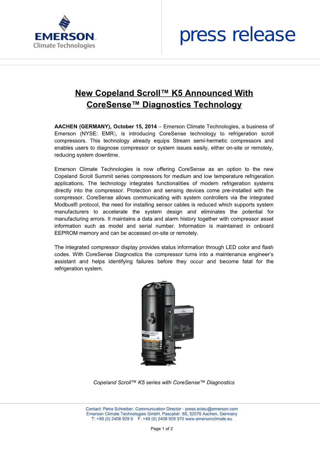 New Copeland Scroll K5 Announced with Coresense Diagnostics Technology