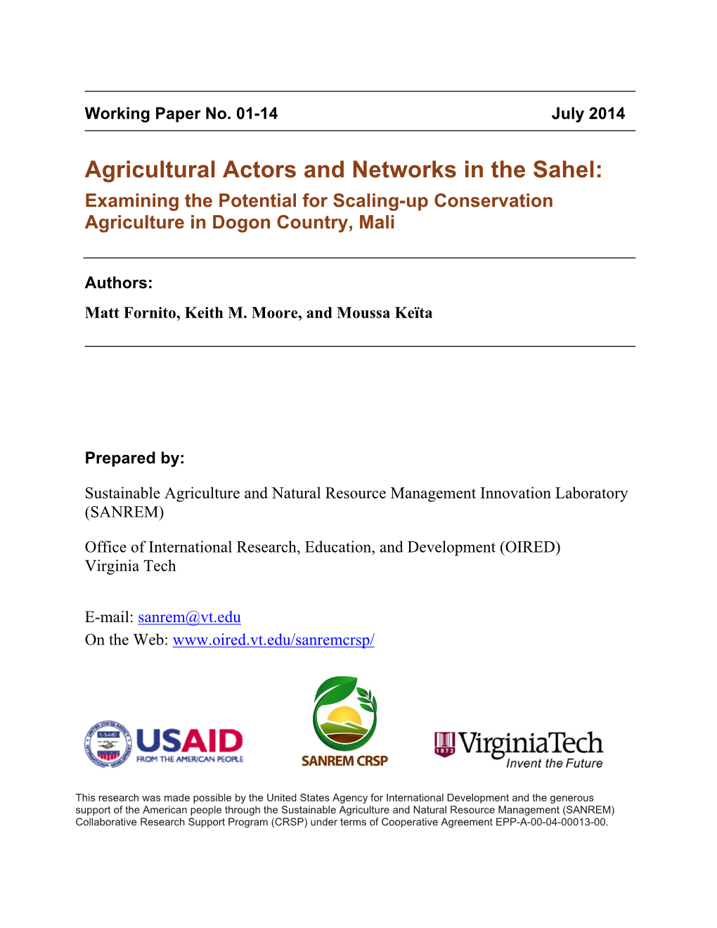 Agricultural Actors and Networks in the Sahel: Examining the Potential for Scaling-Up Conservation Agriculture in Dogon Country, Mali