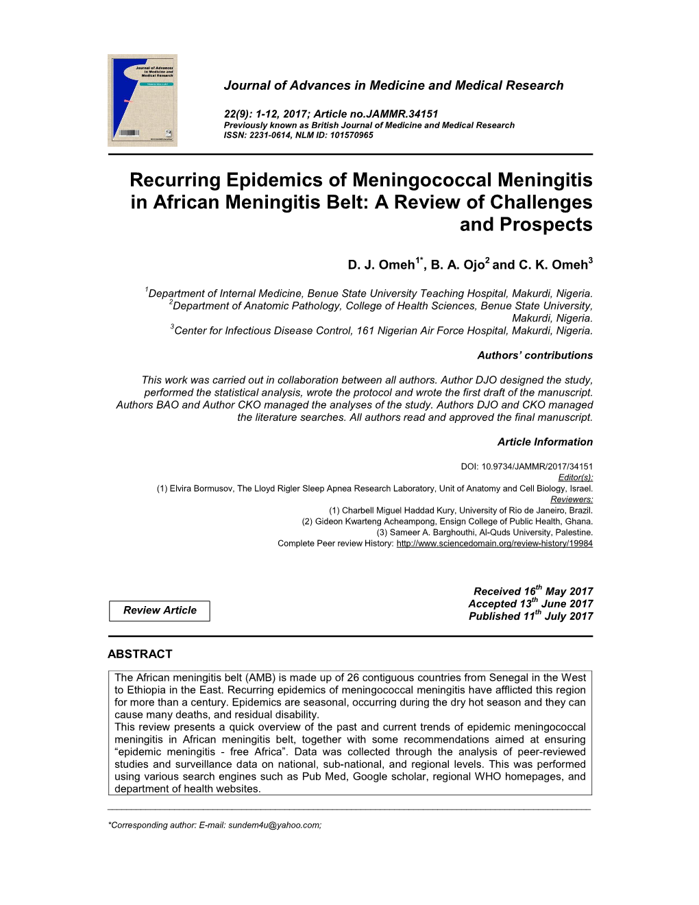 Recurring Epidemics of Meningococcal Meningitis in African Meningitis Belt: a Review of Challenges and Prospects