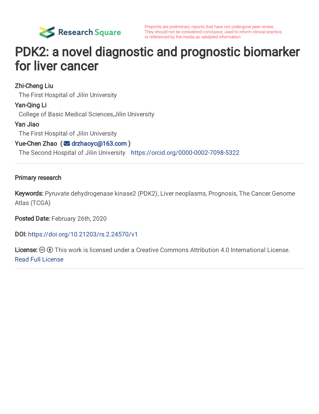 PDK2: a Novel Diagnostic and Prognostic Biomarker for Liver Cancer