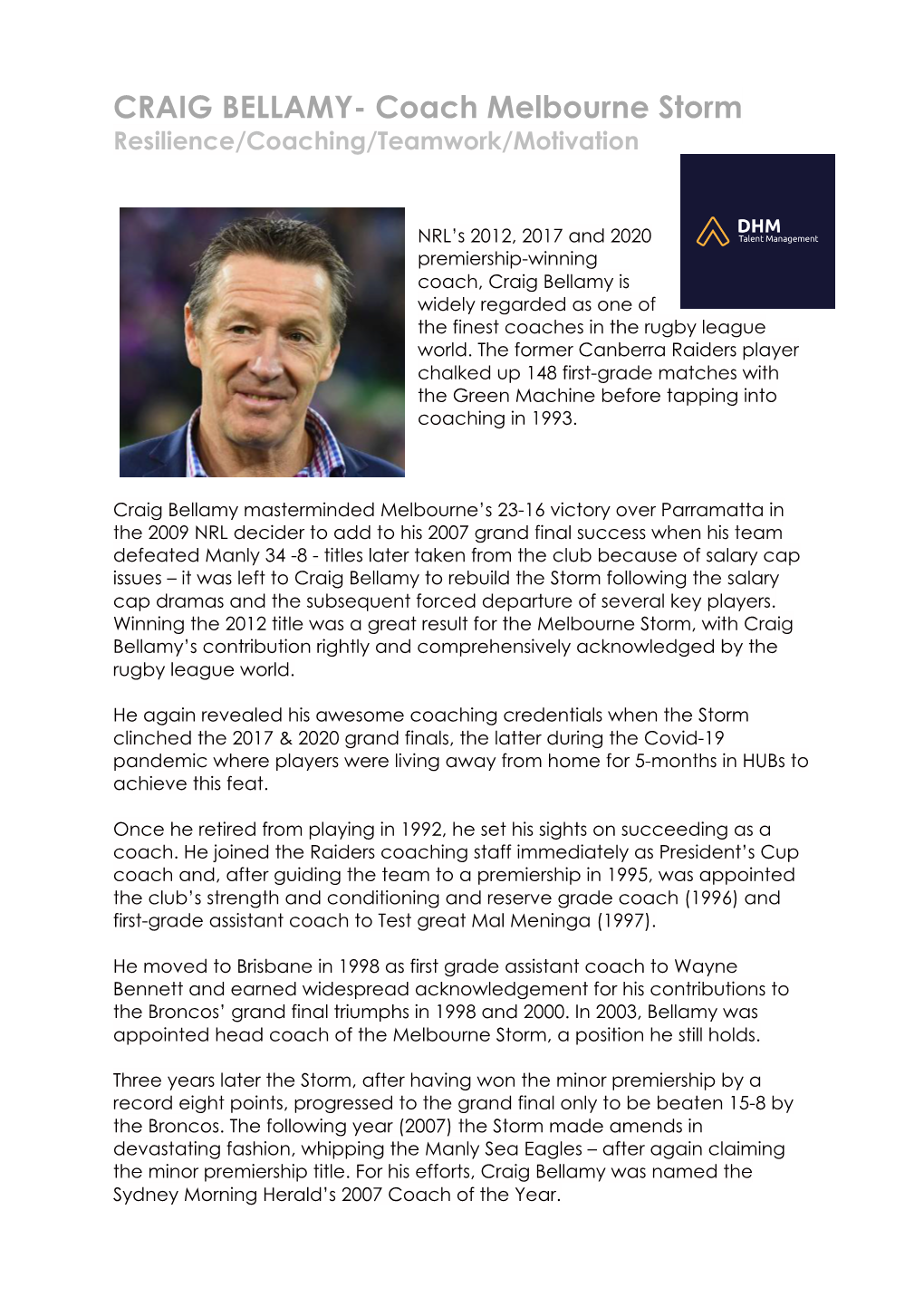 CRAIG BELLAMY- Coach Melbourne Storm Resilience/Coaching/Teamwork/Motivation