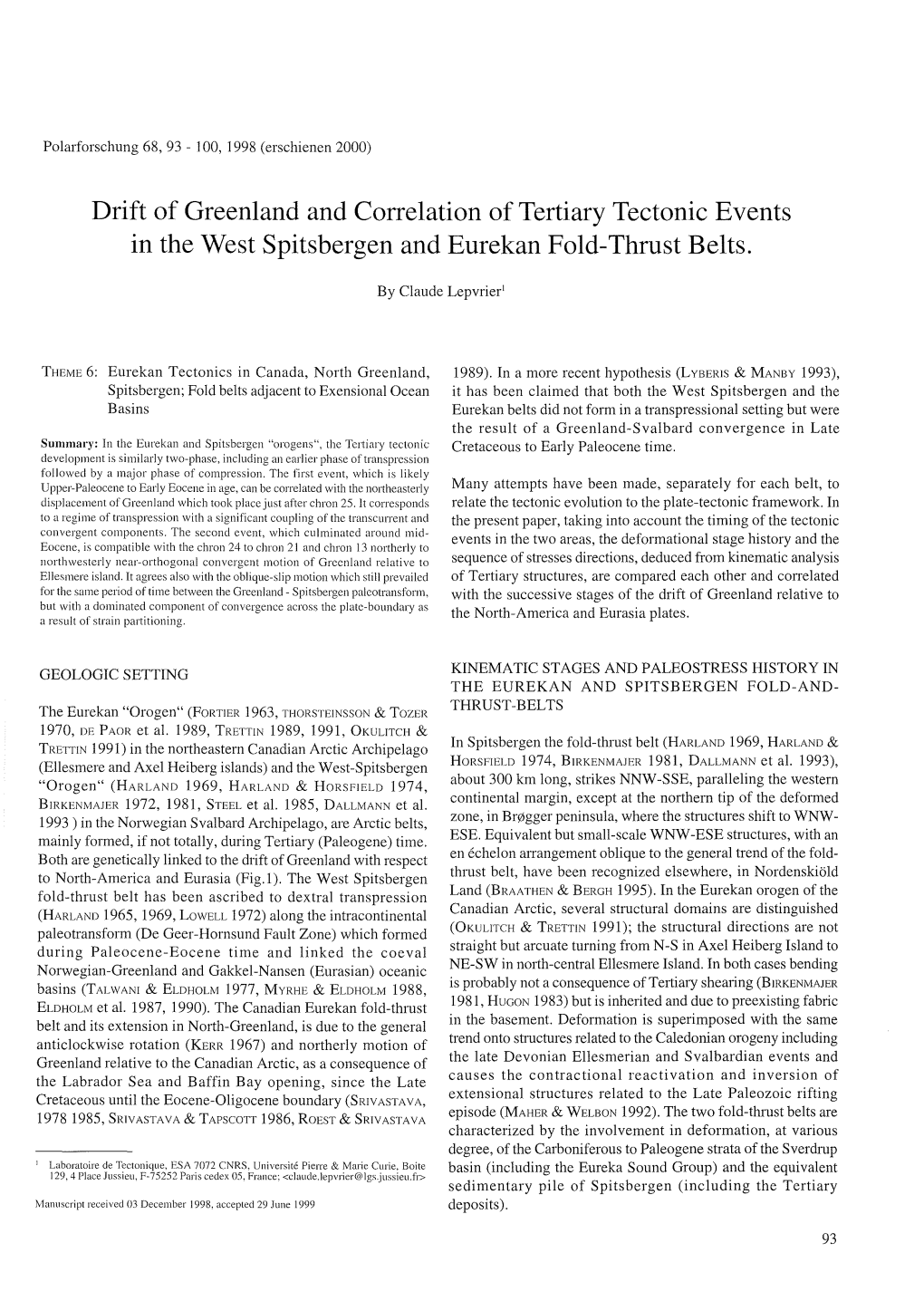 Drift of Greenland and Correlation of Tertiary Teetonic Events in the West Spitsbergen and Eurekan Fold-Thrust Belts