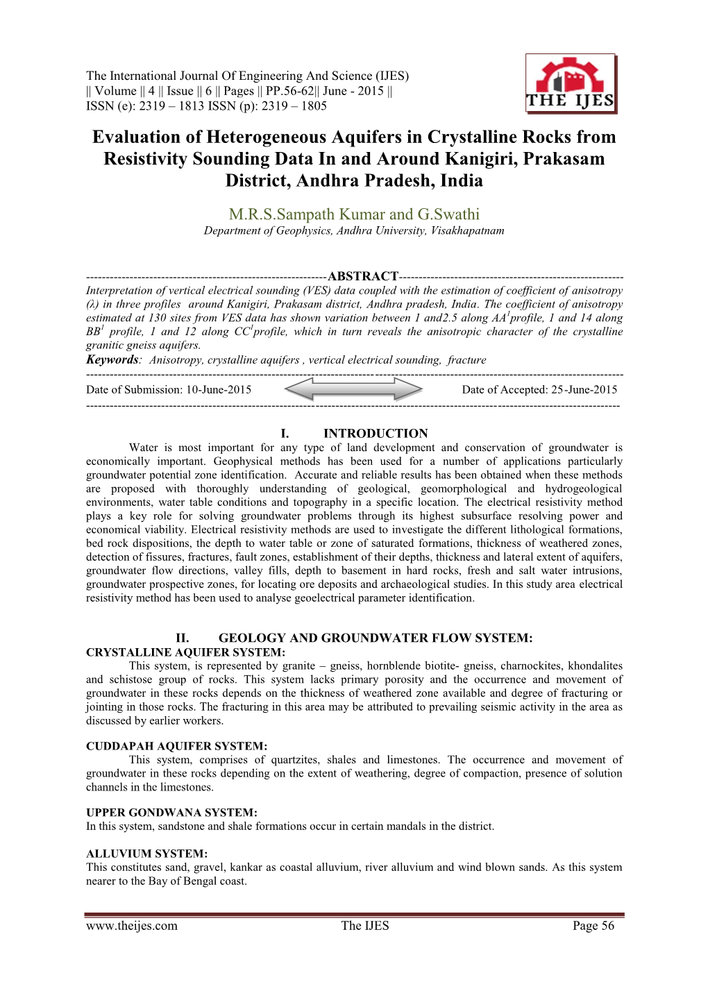 Evaluation of Heterogeneous Aquifers in Crystalline Rocks from Resistivity Sounding Data in and Around Kanigiri, Prakasam District, Andhra Pradesh, India