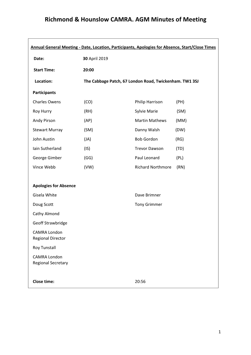 Richmond & Hounslow CAMRA. AGM Minutes of Meeting